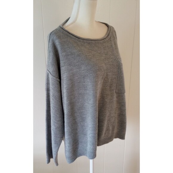 Pink Lily Sweater Medium Solid Gray Chest Pocket Oversized Casual Cozy Lounge - Picture 4 of 6
